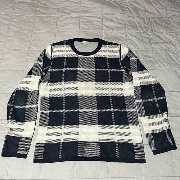 Burberry London Plaid Crewneck Sweater Navy Blue Tan Size Medium 100% Authentic